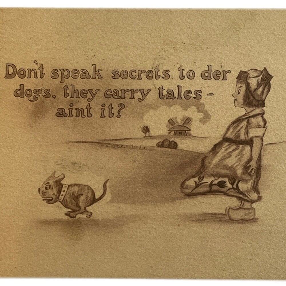 Antique 1911 Ephemera Postcard Humorous Message Dutch Girl Dog Windmill Posted